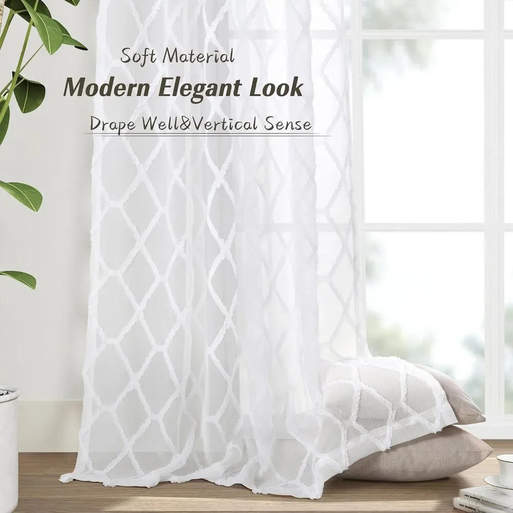Sheer Curtains Bedroom/Living Room Trellis Pattern 54 x 108, 2 Panels White